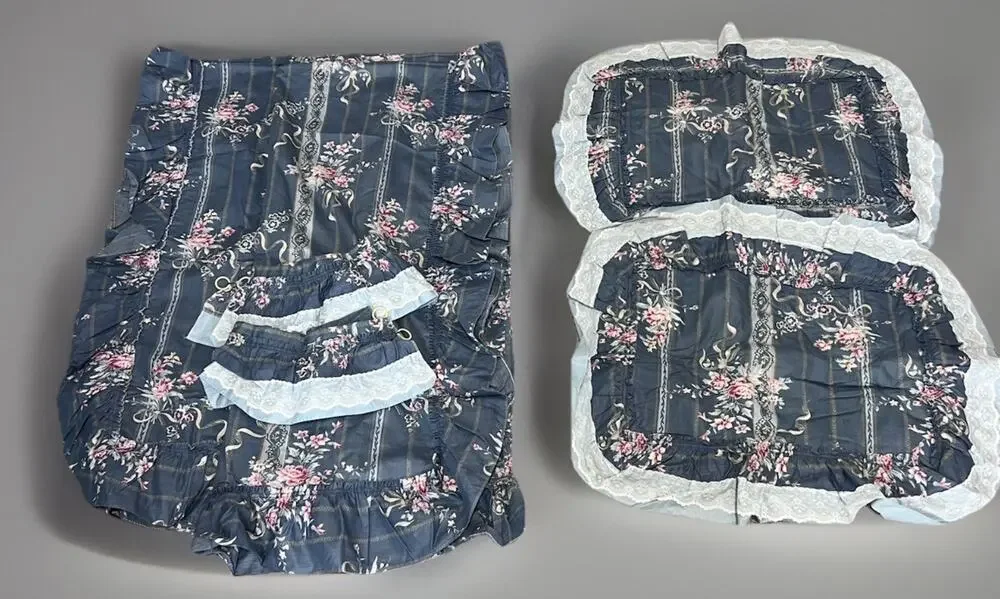 Vtg Cottagecore Blue Floral Curtain Panels, Tie Backs & Pillow Shams Shabby Chic